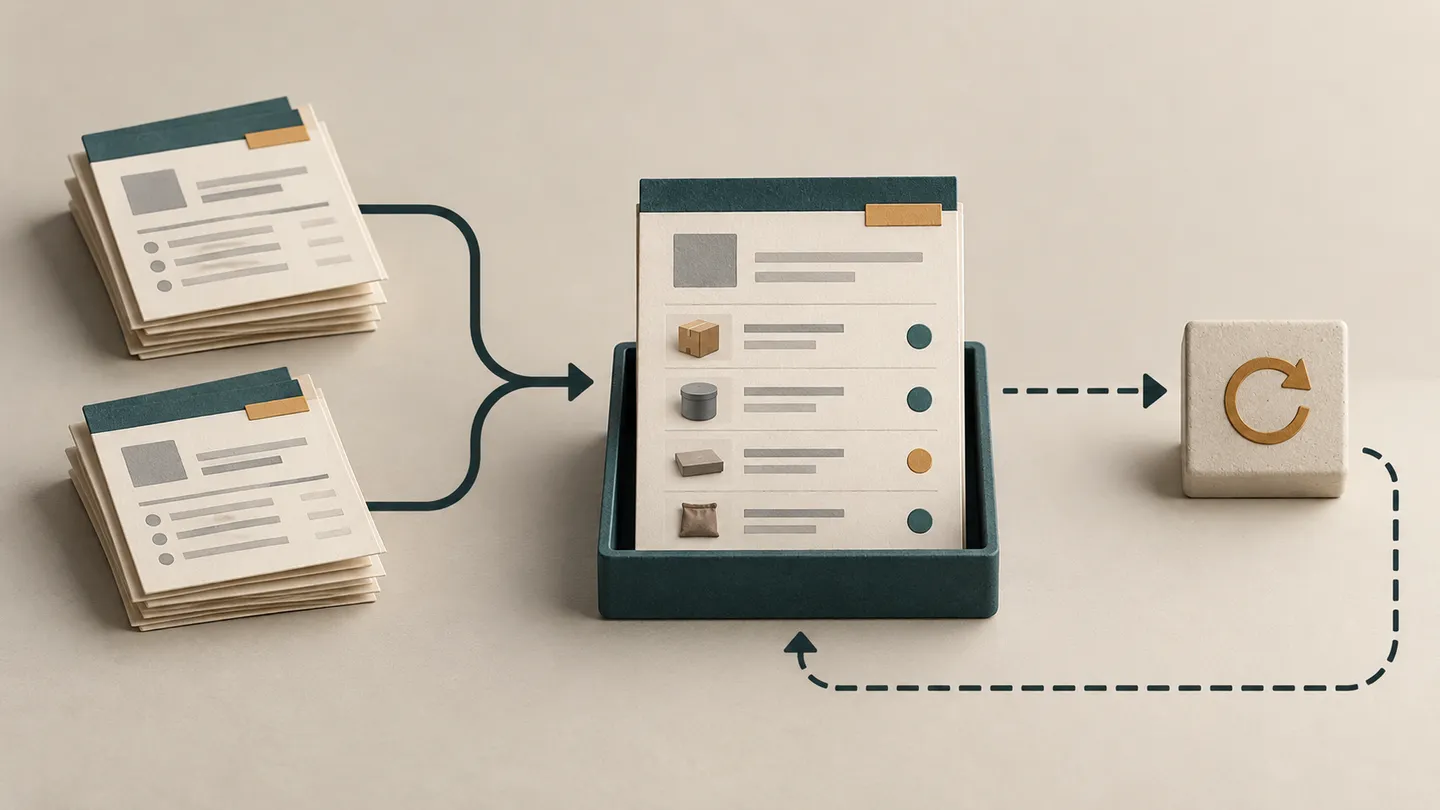 Conceptual illustration of two identical order packets leading to one reconciled order record with several line items, a separate retry path.