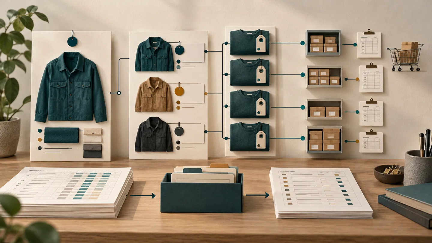 Conceptual illustration of a clear physical hierarchy from style to colorway to size-level SKU, with stable tags linked to stock and purchasing records.