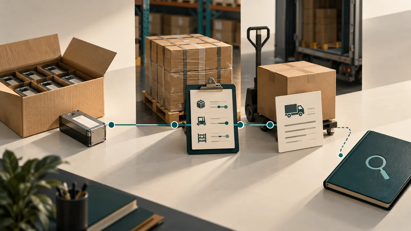 Conceptual illustration of a single unit identifier connected visually to its original carton, warehouse handling record and dispatched order, public lookup kept separate.
